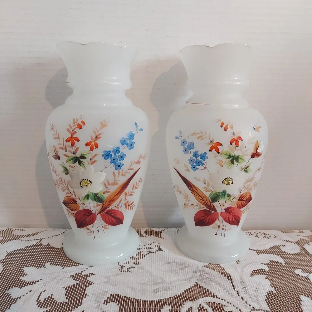 Vintage Bristol Satin Milk Glass Floral Vases Set of 2 Hand Painted Gold Trim 9